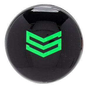 Close-up of the bat knob featuring a glossy black circular surface with a bright green "S" logo composed of three stacked chevron stripes.