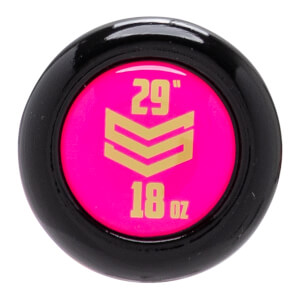 Close-up of the bat knob end featuring a bright pink center with a gold chevron logo and "29" 18 oz" text inside a thick black border.