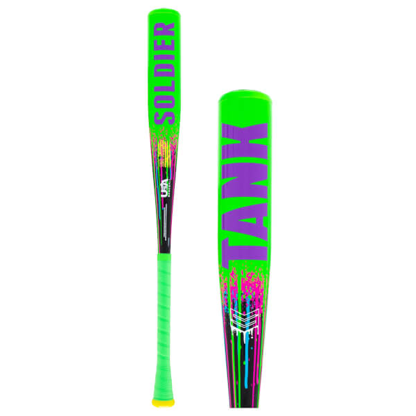 Full view of a neon green baseball bat with SOLDIER text and a close-up of the barrel with TANK text and splatter design.