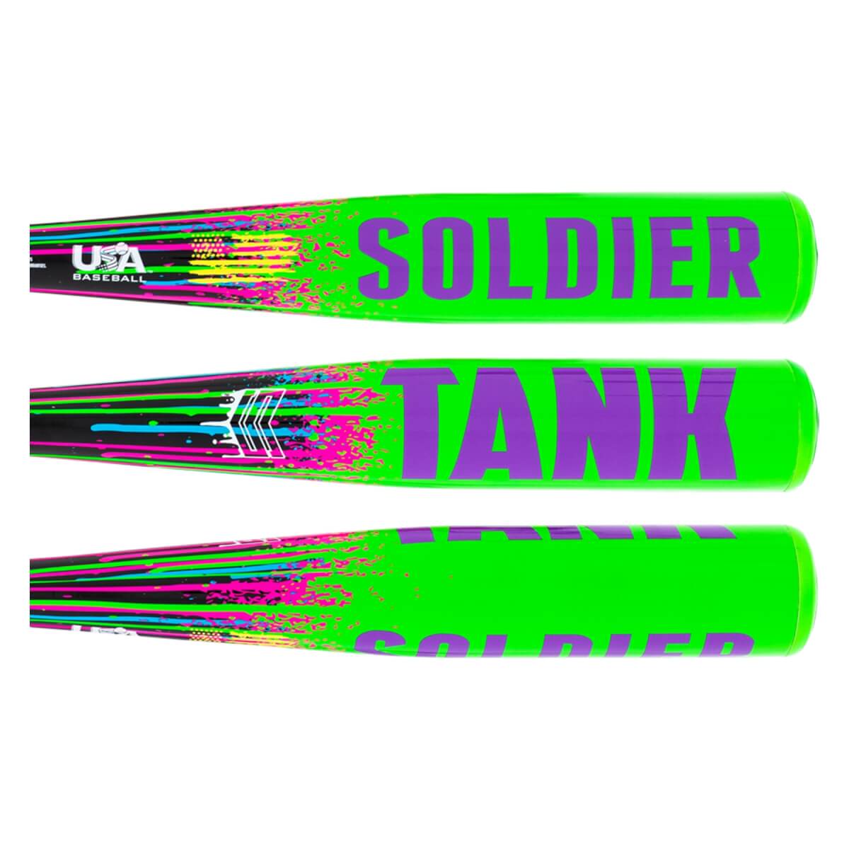 Graphic view of a neon green baseball bat with purple SOLDIER TANK text, multi-colored splatter, and USA BASEBALL logo.