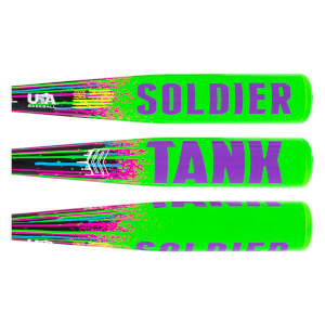 Graphic view of a neon green baseball bat with purple SOLDIER TANK text, multi-colored splatter, and USA BASEBALL logo.
