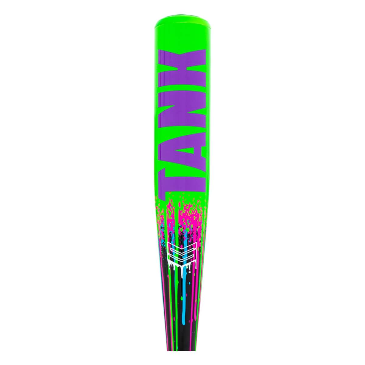 Front view of a neon green baseball bat with purple TANK text and black barrel with pink, blue, green paint drips.
