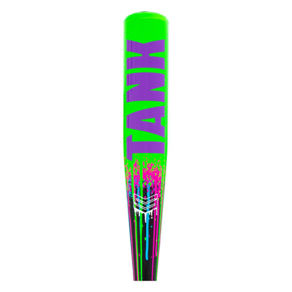 Front view of a neon green baseball bat with purple TANK text and black barrel with pink, blue, green paint drips.