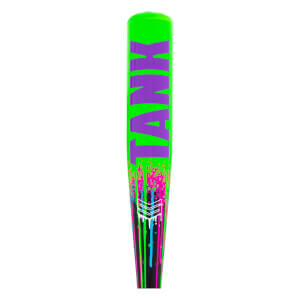 Front view of a neon green baseball bat with purple TANK text and black barrel with pink, blue, green paint drips.