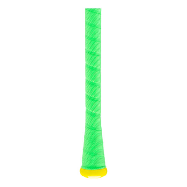 Close-up of a neon green baseball bat grip with a textured spiral wrap and a yellow knob.