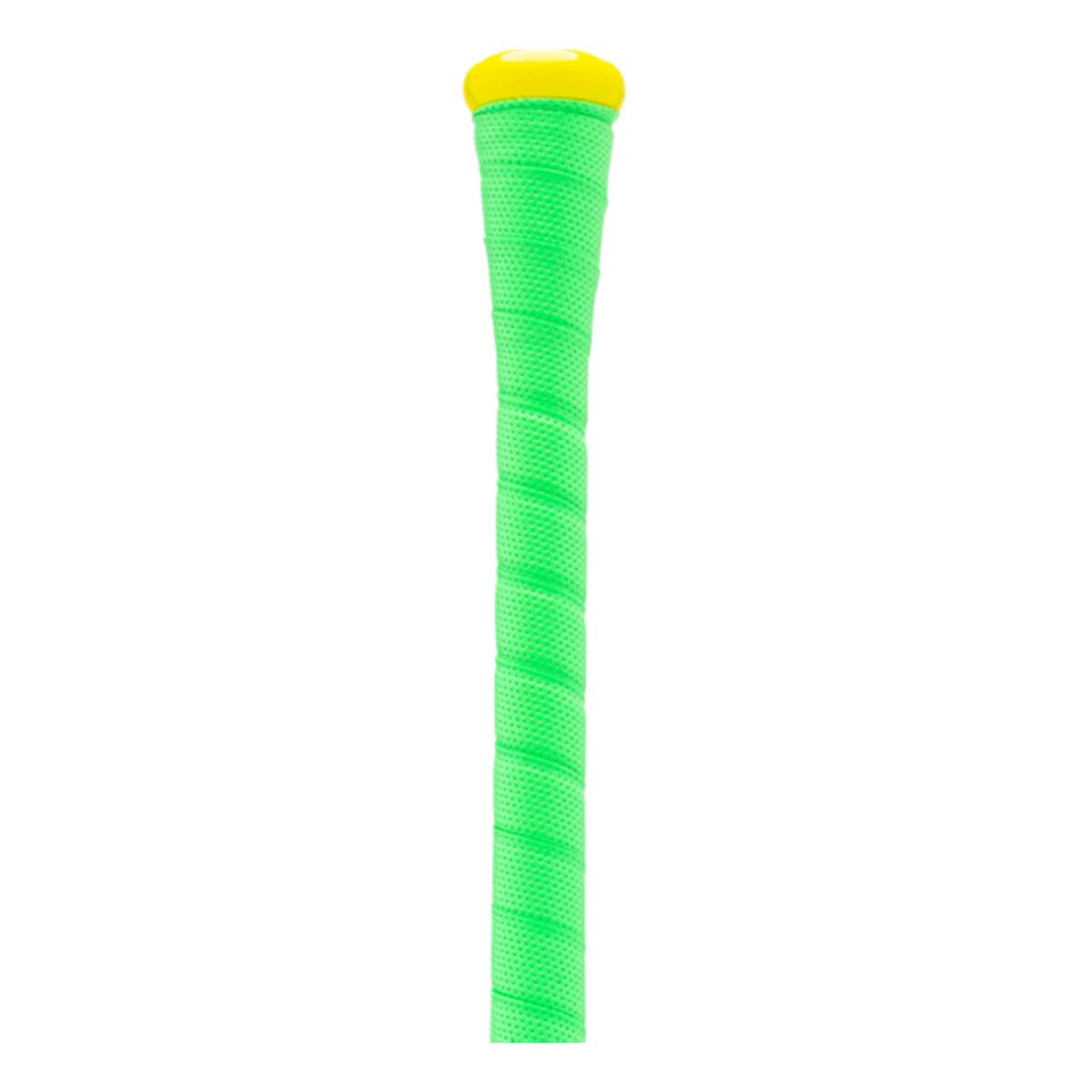 Close-up of a bright green baseball bat grip with a spiral texture and a yellow knob.