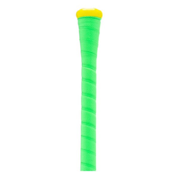 Close-up of a bright green baseball bat grip with a spiral texture and a yellow knob.