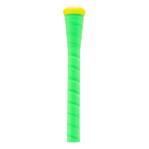 Close-up of a bright green baseball bat grip with a spiral texture and a yellow knob.