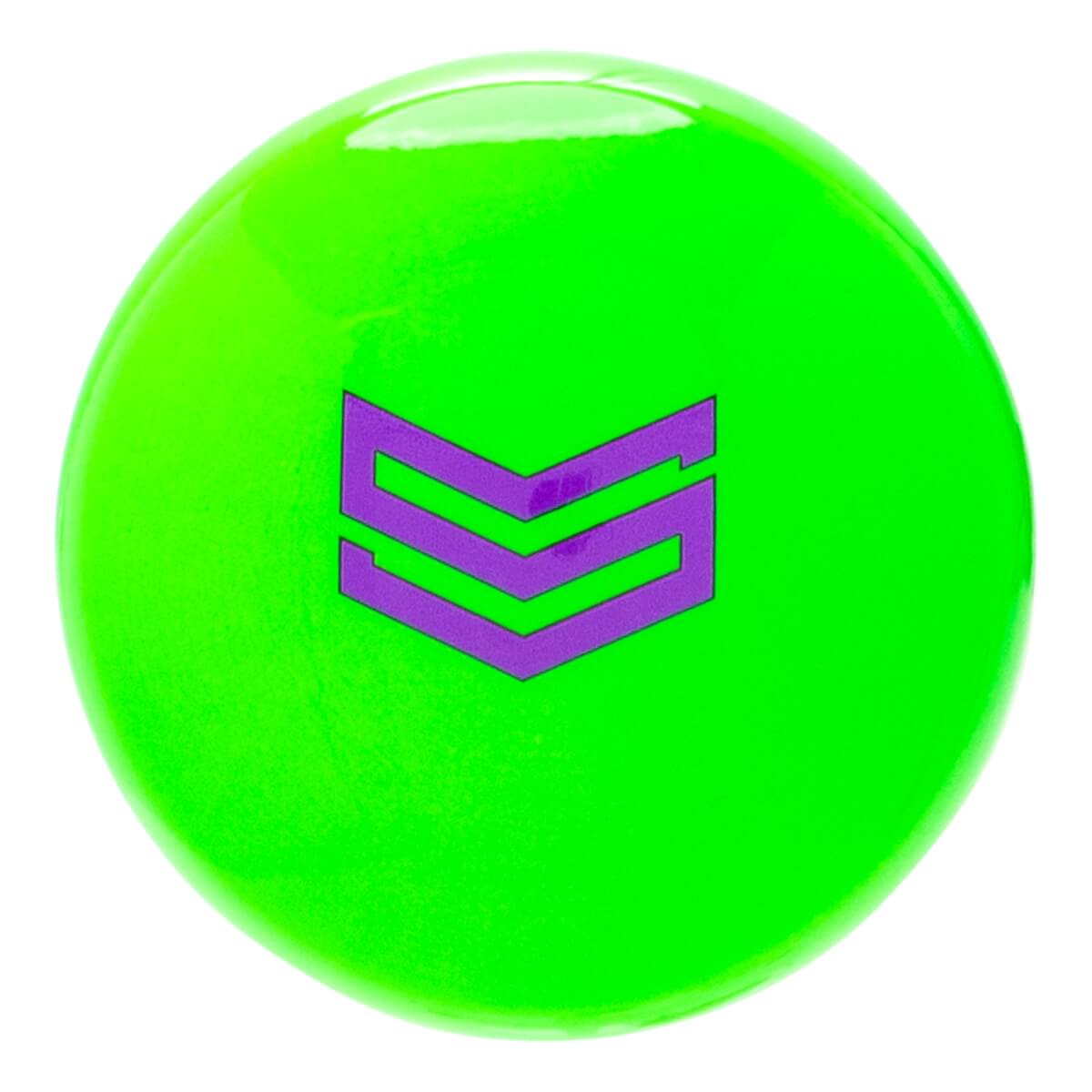 End cap view of a glossy bright green baseball bat with a purple stylized S logo.
