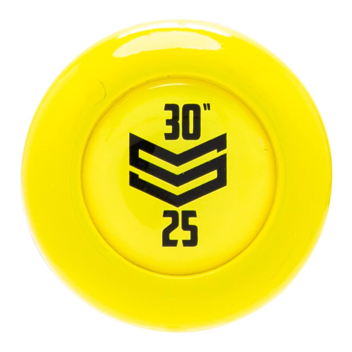 Top-down view of a bright yellow bat end cap with black 30 and 25 numbers and a chevron logo.