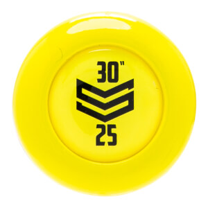 Top-down view of a bright yellow bat end cap with black 30 and 25 numbers and a chevron logo.