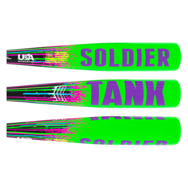 Multiple views of a neon green baseball bat barrel with purple SOLDIER TANK text and colorful splatter graphics.