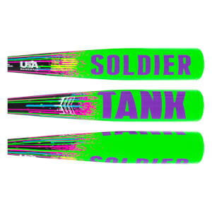 Multiple views of a neon green baseball bat barrel with purple SOLDIER TANK text and colorful splatter graphics.