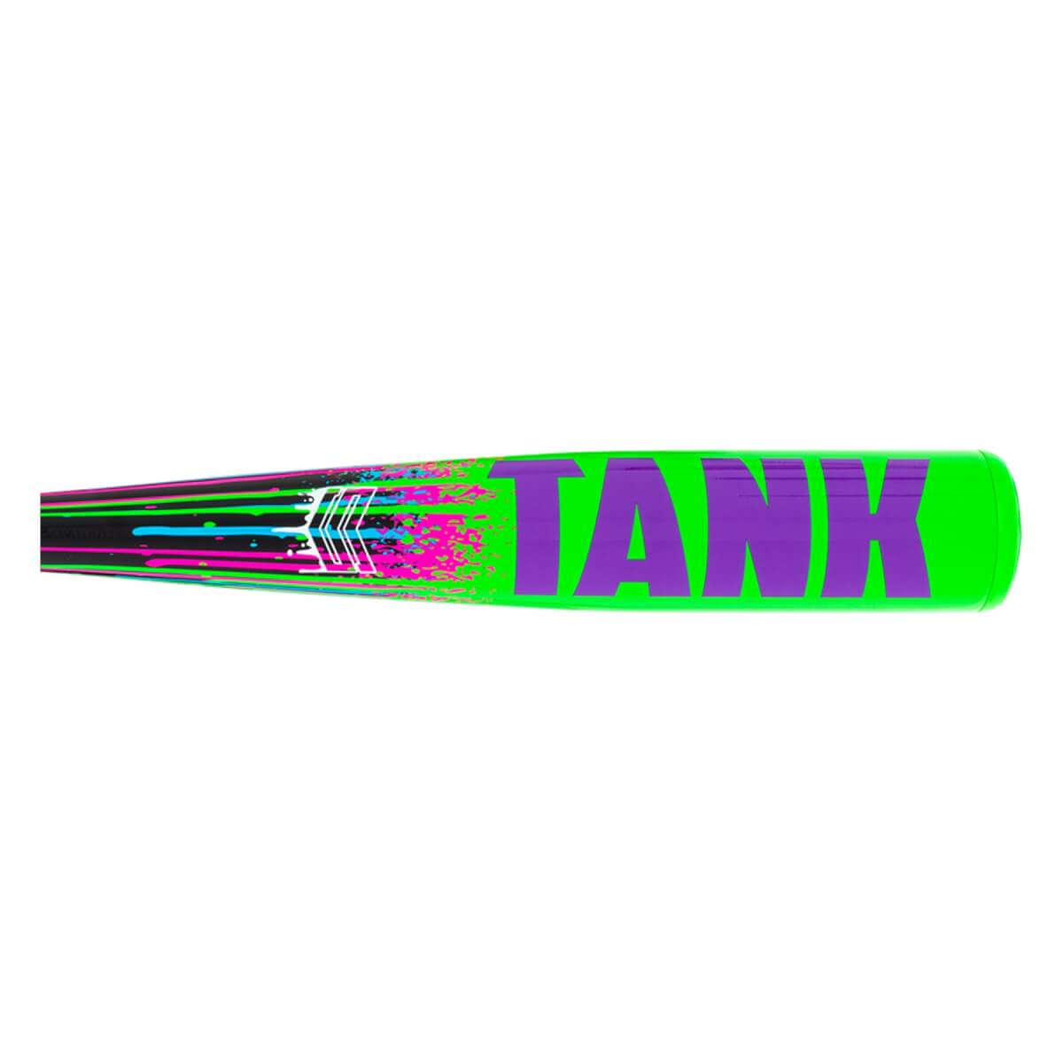 Side view of a neon green baseball bat with purple TANK text, black, pink, and blue graphic lines, and white chevrons.