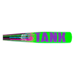 Side view of a neon green baseball bat with purple TANK text, black, pink, and blue graphic lines, and white chevrons.