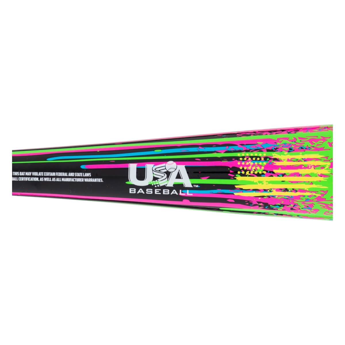 Side view of a black baseball bat with an abstract neon pink, blue, yellow, and green design and USA BASEBALL logo.