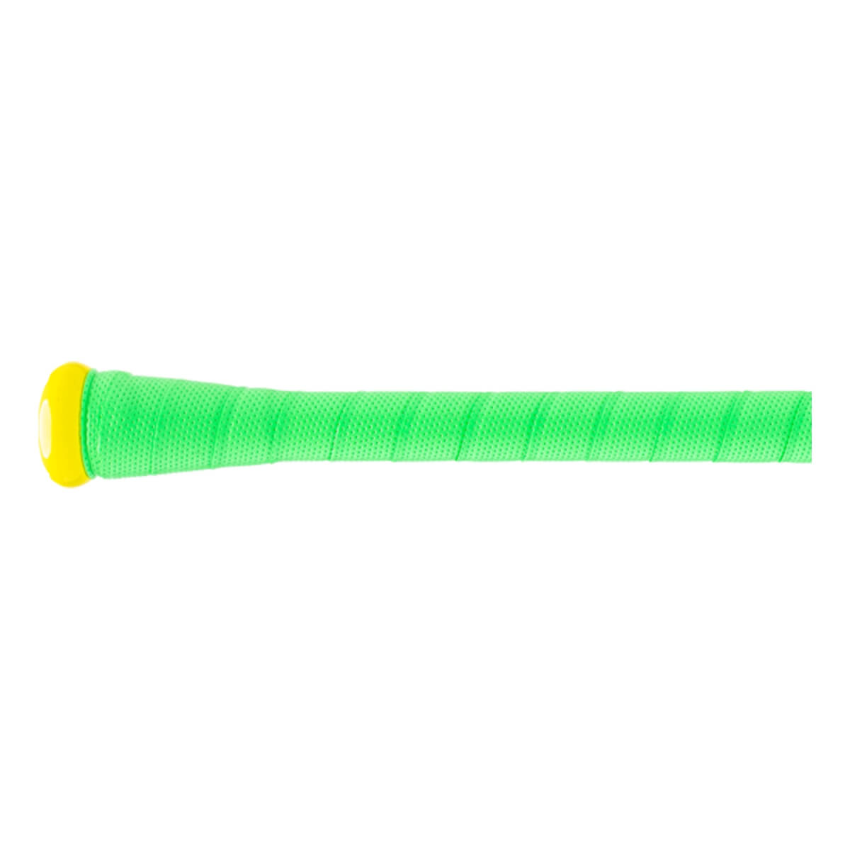 Close-up of the bright green baseball bat grip with a yellow knob and spirally wrapped texture.