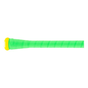 Close-up of the bright green baseball bat grip with a yellow knob and spirally wrapped texture.