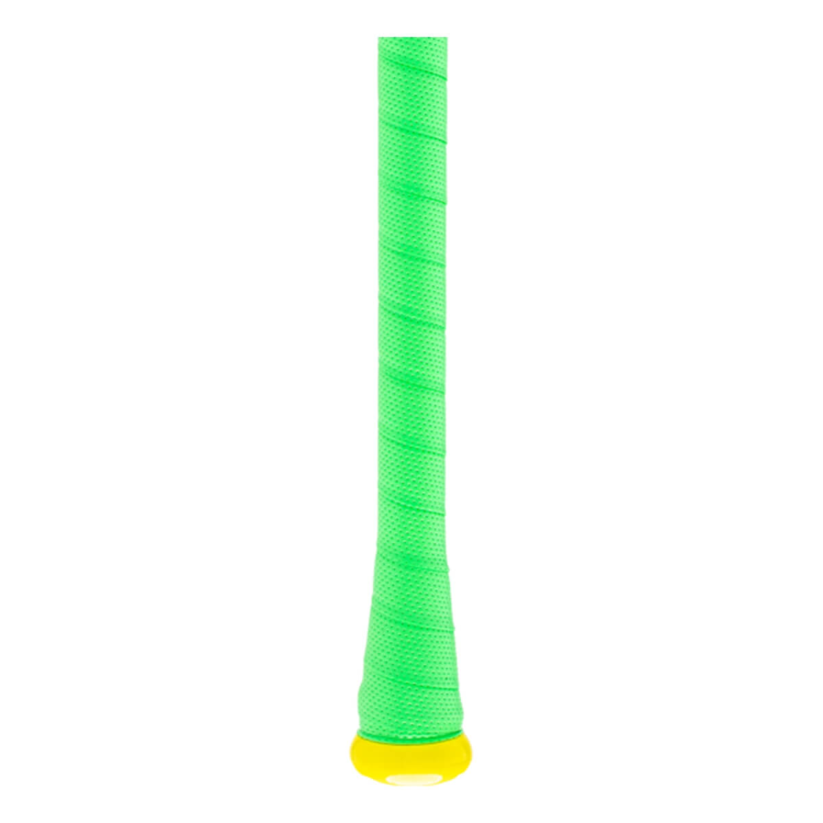 Handle view of a neon green baseball bat grip with spirally wrapped texture and a bright yellow knob.