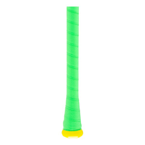 Handle view of a neon green baseball bat grip with spirally wrapped texture and a bright yellow knob.