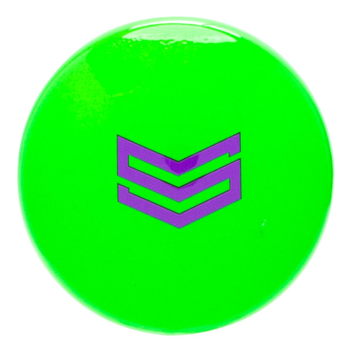 Close-up of a bright green circular baseball bat end cap with a glossy finish and a purple stylized S logo.