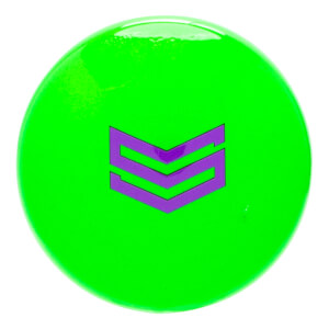 Close-up of a bright green circular baseball bat end cap with a glossy finish and a purple stylized S logo.