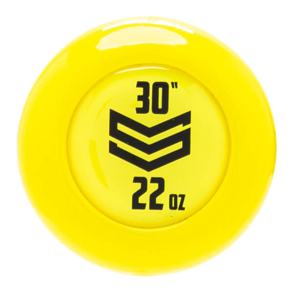 Top-down view of a yellow baseball bat end cap with black 30 and 22 oz text and a chevron logo.
