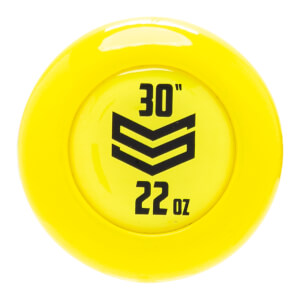 Top-down view of a yellow baseball bat end cap with black 30 and 22 oz text and a chevron logo.