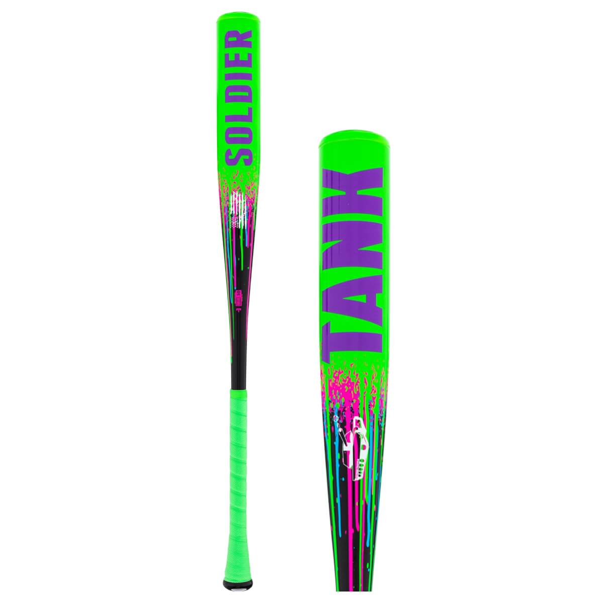 Full and close-up views of a neon green and black baseball bat with SOLDIER and TANK text, featuring a colorful splatter design.