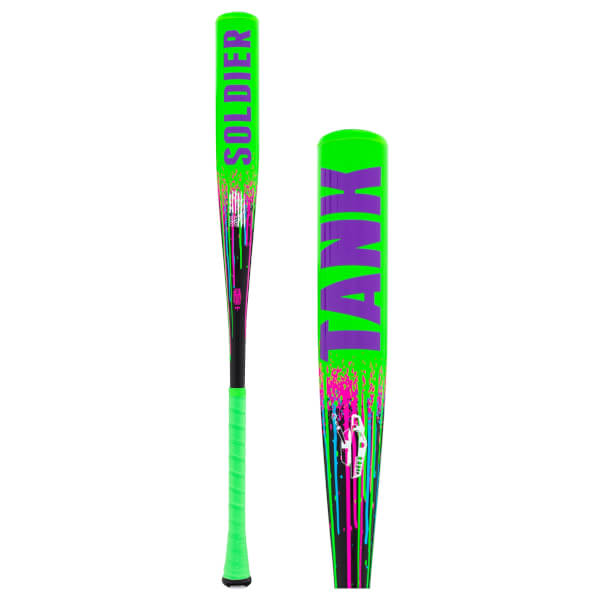 Full and close-up views of a neon green and black baseball bat with SOLDIER and TANK text, featuring a colorful splatter design.