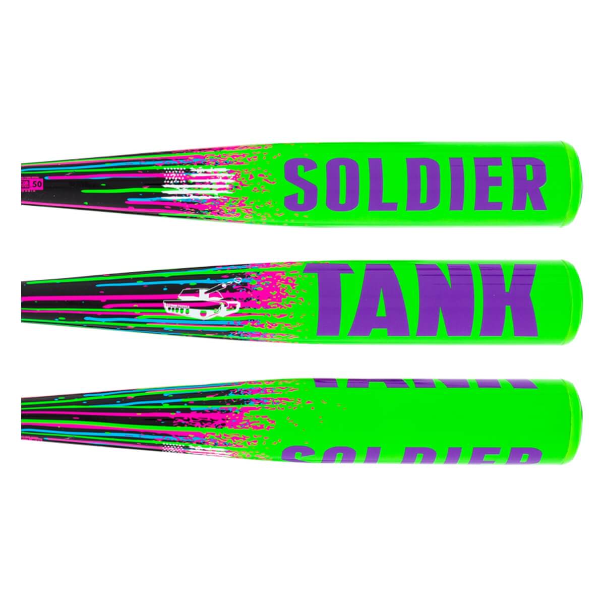 Barrel sections of a neon green and black baseball bat with purple SOLDIER and TANK text, and a white tank graphic with splatter design.