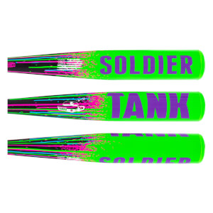 Barrel sections of a neon green and black baseball bat with purple SOLDIER and TANK text, and a white tank graphic with splatter design.