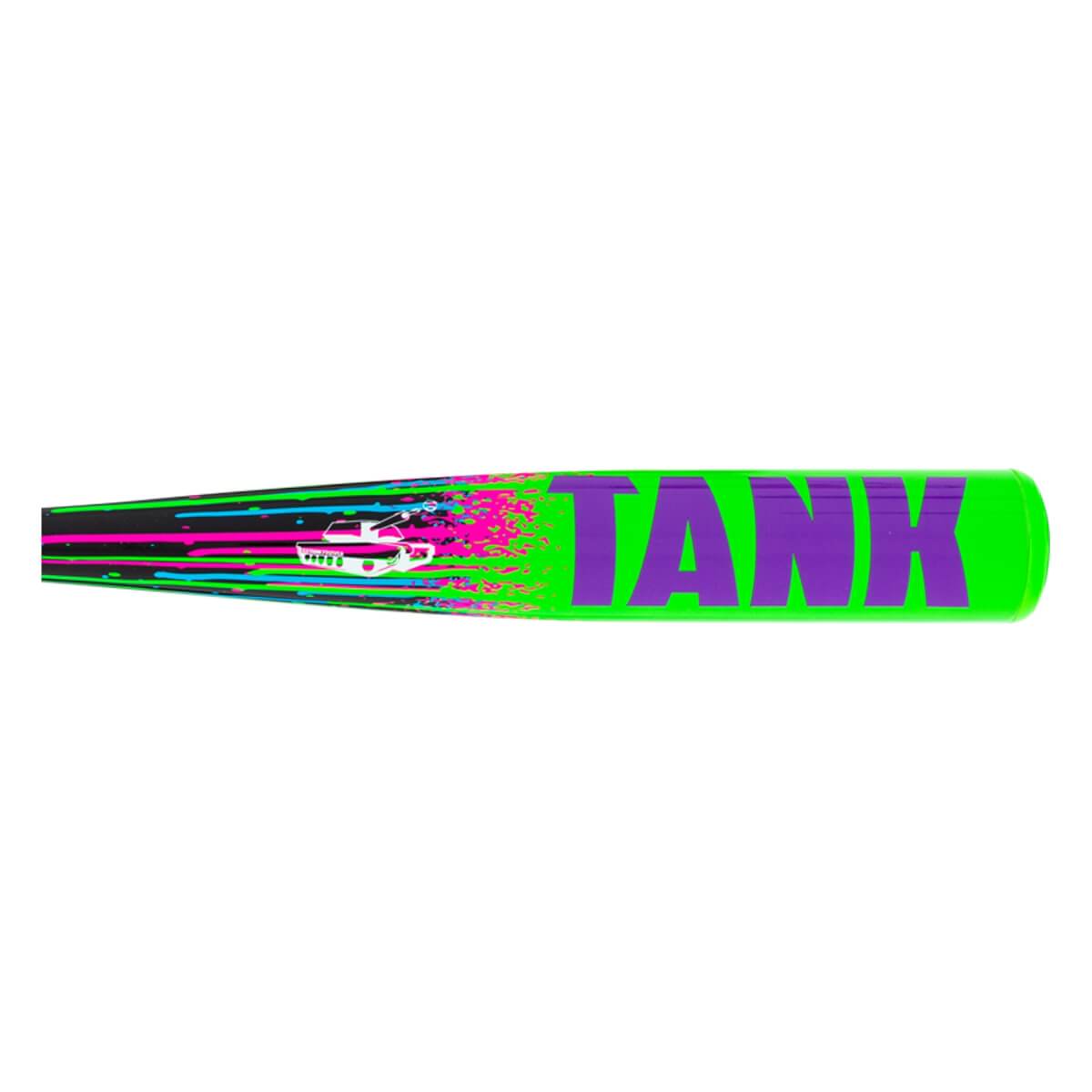 Side view of a black and neon green baseball bat with purple TANK lettering, a white tank graphic, and pink/blue streaks.