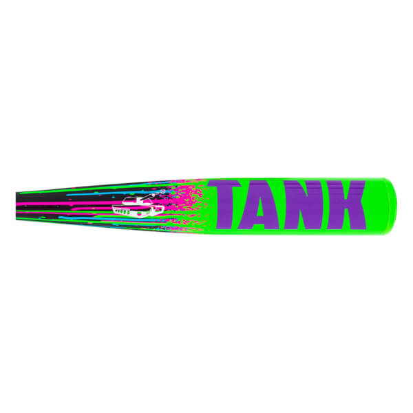 Side view of a black and neon green baseball bat with purple TANK lettering, a white tank graphic, and pink/blue streaks.