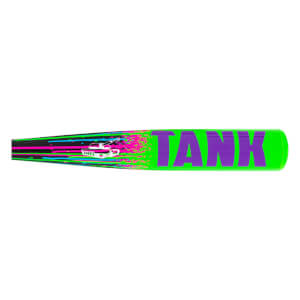 Side view of a black and neon green baseball bat with purple TANK lettering, a white tank graphic, and pink/blue streaks.