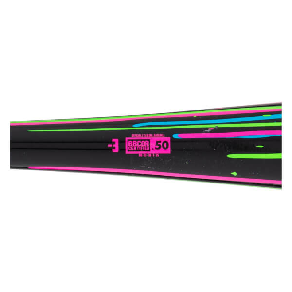 Close-up of a black baseball bat with neon pink, green, and blue stripes, showing the pink BBCOR CERTIFIED .50 stamp.