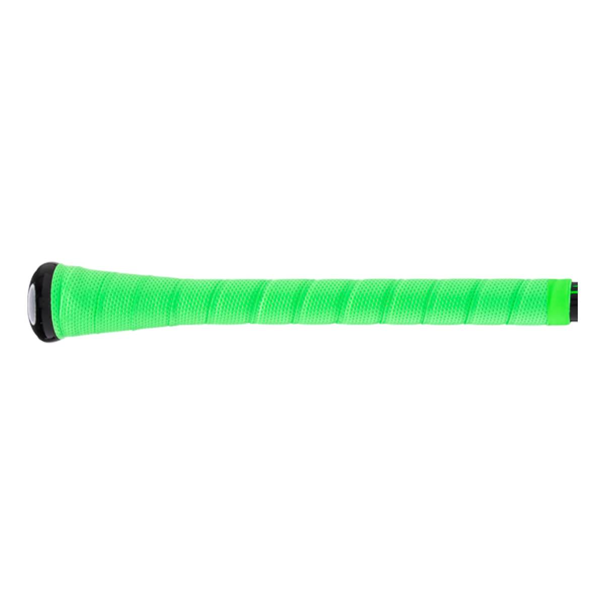 Side view of a neon green baseball bat grip with a textured spiral wrap and a black knob with a white end cap.