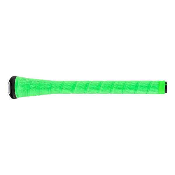 Side view of a neon green baseball bat grip with a textured spiral wrap and a black knob with a white end cap.