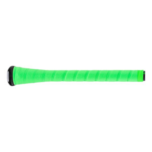 Side view of a neon green baseball bat grip with a textured spiral wrap and a black knob with a white end cap.