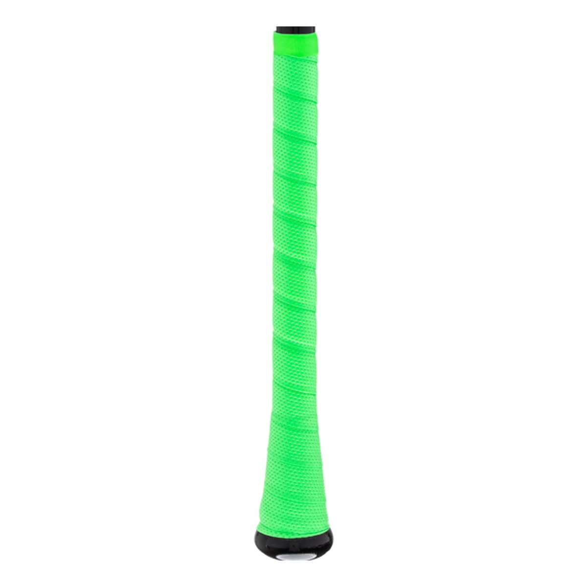 Side view of a neon green baseball bat grip with a textured, spirally wrapped surface and black end cap.