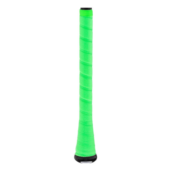 Side view of a neon green baseball bat grip with a textured, spirally wrapped surface and black end cap.