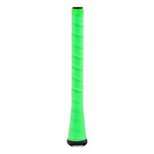 Side view of a neon green baseball bat grip with a textured, spirally wrapped surface and black end cap.