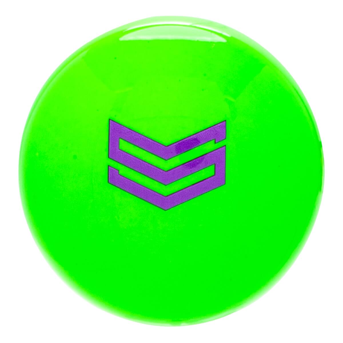 Close-up of a glossy neon green baseball bat end cap with a purple stylized S logo in the center.