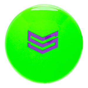 Close-up of a glossy neon green baseball bat end cap with a purple stylized S logo in the center.