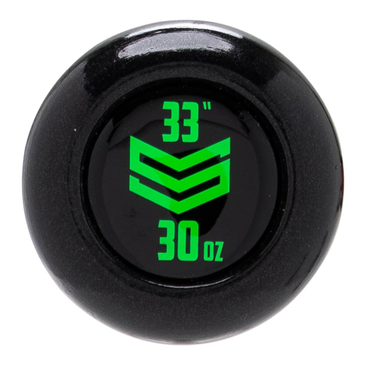 Top-down close-up of a black baseball bat end cap with neon green 33, 30oz, and an S logo.