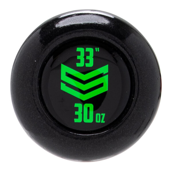 Top-down close-up of a black baseball bat end cap with neon green 33, 30oz, and an S logo.