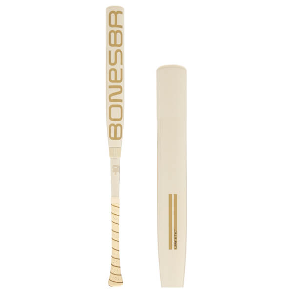 Full length view of a cream fastpitch softball bat with gold BONESABER text and a matching cover with WARSTIC branding.