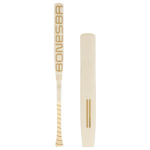 Full length view of a cream fastpitch softball bat with gold BONESABER text and a matching cover with WARSTIC branding.