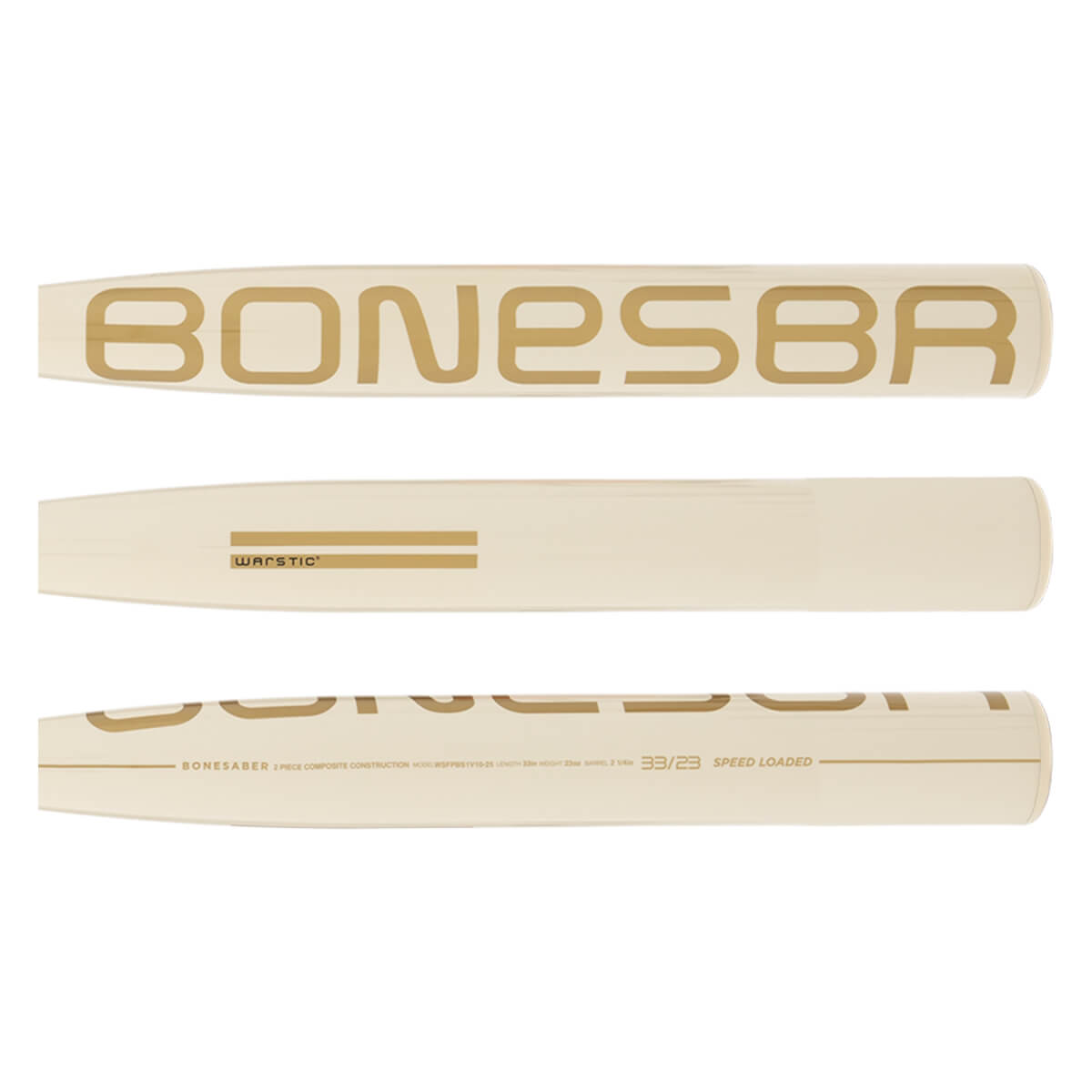 Barrel detail view of a cream fastpitch softball bat with gold BONESABER and WARSTIC branding, plus SPEED LOADED text.