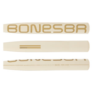 Barrel detail view of a cream fastpitch softball bat with gold BONESABER and WARSTIC branding, plus SPEED LOADED text.